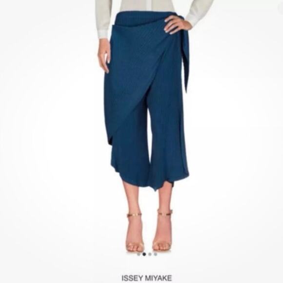 Issey Miyake Pants - Issey Miyake Womens Blue Pleated Wide Leg Pants Side Sash Rounded Edge Lagenlook
